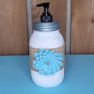 Large Soap Lotion Dispenser Mason Jar Quart Size Flower Pinecone White Blue